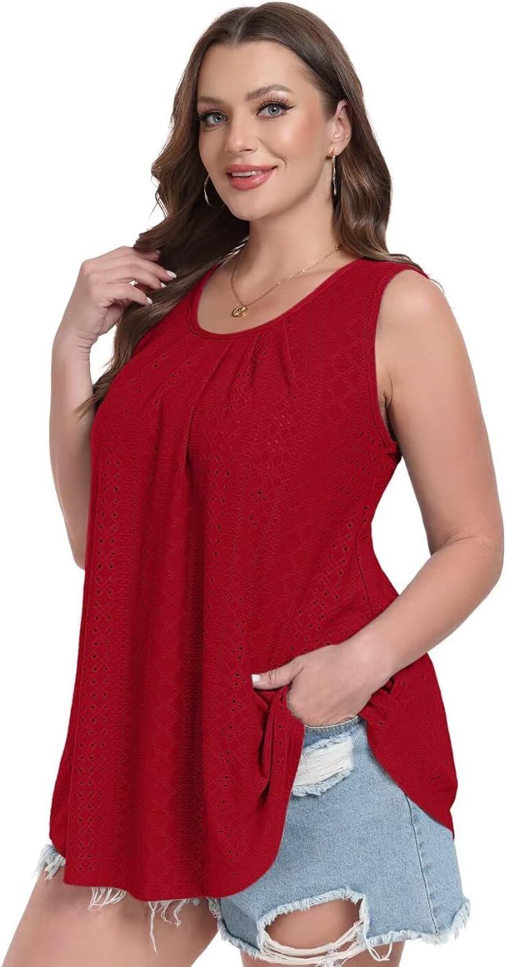 MONNURO Plus Size Tank Tops Summer Tops Eyelet Sleeveless T-Shirts Scoop Neck Loose Flowy Casual Tunic Shirts - Image 4