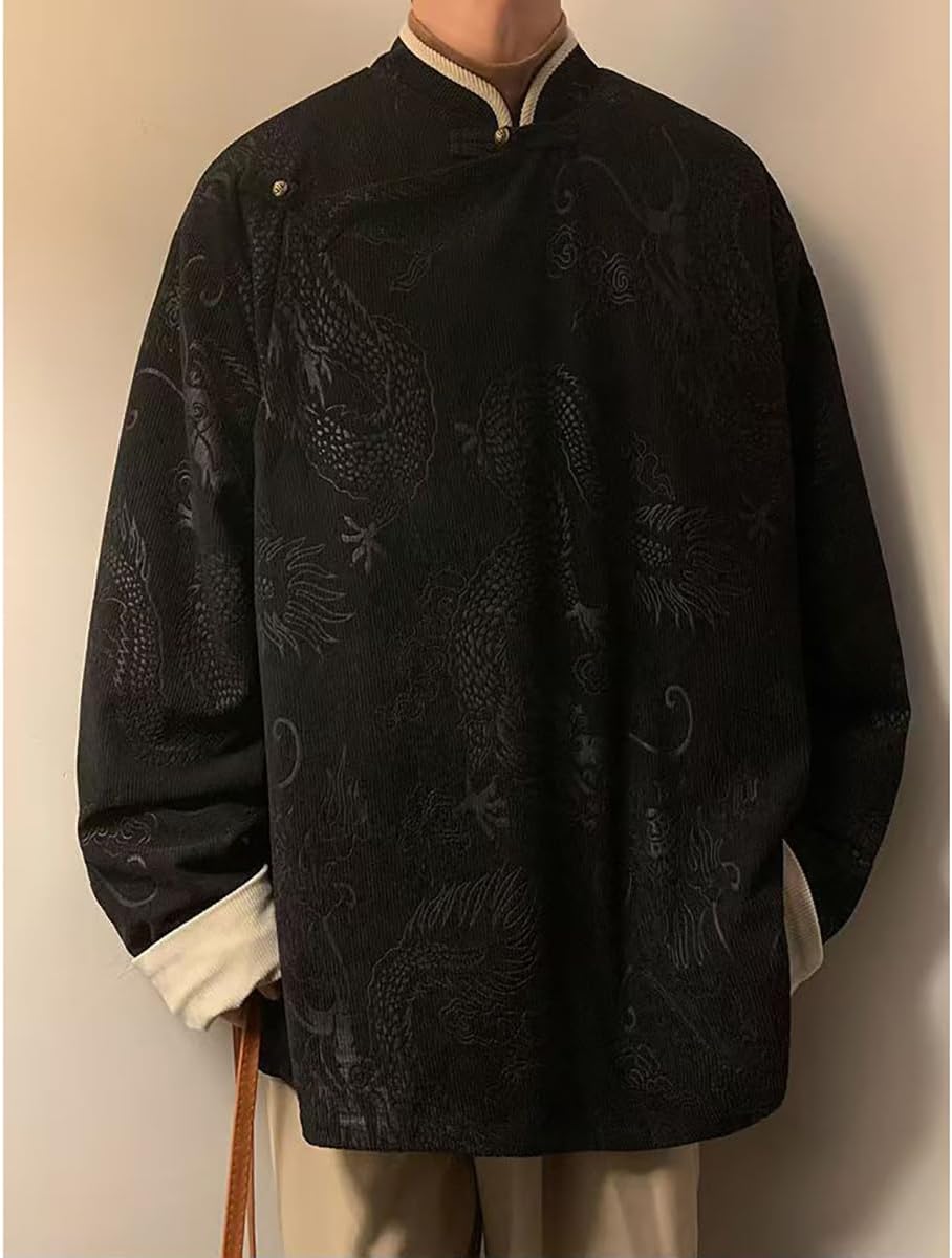 NCDUANSAN Chinese dragon pattern printed jacket, button neck men's autumn retro ethnic style, loose high neck for warmth