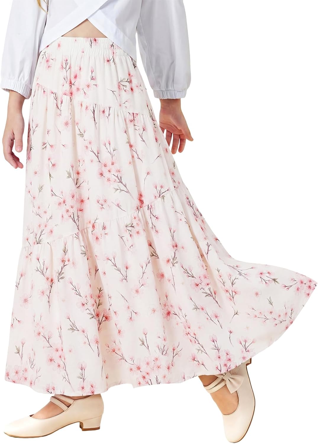 Haloumoning Girls Elastic High Waist Maxi Skirt Boho A-Line Tiered Pleated Long Skirts with Pockets 5-14 Years
