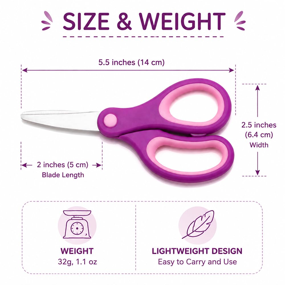 US-GD-016-D Kinderschere, 36 Stück, 14 cm - 14 cm, weiche Haptik, für Schüler, Studenten, Scheren 5.5-inch, Rounded-Tip, Pack of 36 DREI Farben (grün + lila + rot)