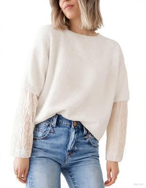 Womens Lace Long Sleeve Sweater Crewneck Casual Loose Ribbed Knit Top