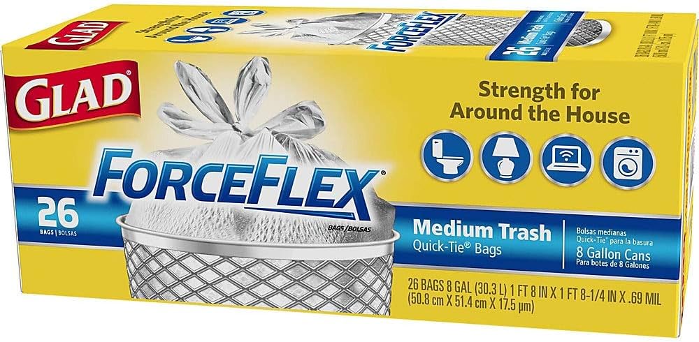 Glad70403 Force Flex Medium Garbage Bag 8 Gallon 26 Count, White