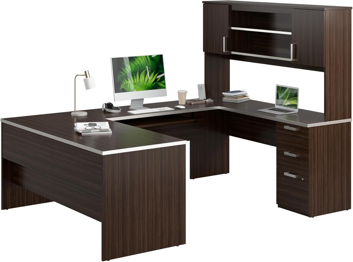 Bestar, Ridgeley Collection, Modern Executive Computer Desk with Pedestal and Hutch