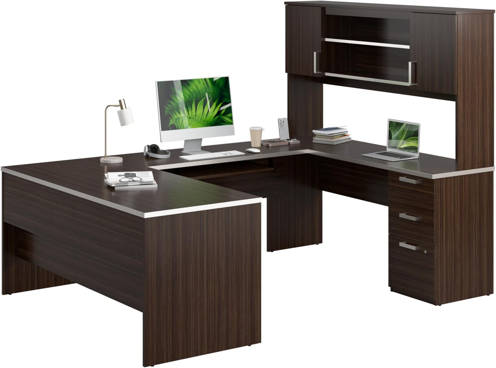- Bestar, Ridgeley Collection, Modern Executive Computer Desk with Pedestal and Hutch