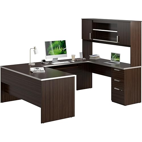 Bestar, Ridgeley Collection, Modern Executive Computer Desk with Pedestal and Hutch