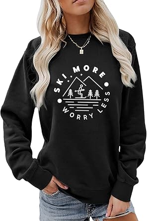 Ski More Worry Less Sweatshirt, Skiing Sweater Women Winter Sports Pullovers Tops Funny Ski Trip Shirt for Ski Lover