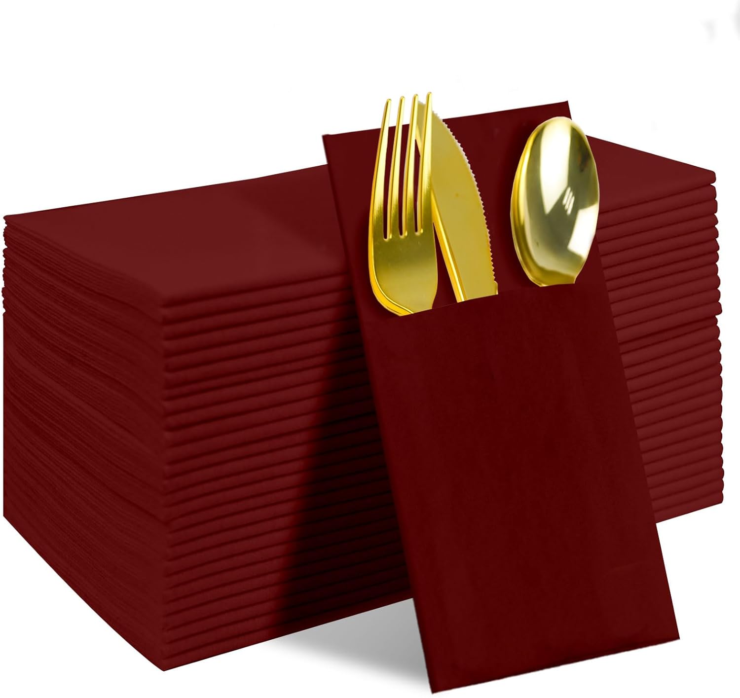 Disposable Burgundy Linen-Feel Dinner Napkins with Built-in Flatware Pocket, 25 Sets Pre-folded Paper Napkins and Knife Fork Spoon, All-in-One Place Setting for Party, Picnic, Wedding (Burgundy)