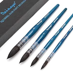 Dainayw Professional Mop Watercolor Brushes, Squirrel Hair &amp; Horse Hair Synthetic Blend Round Paint Brush Set for Art Painting, Gouache, 4 Size, Blue Handle