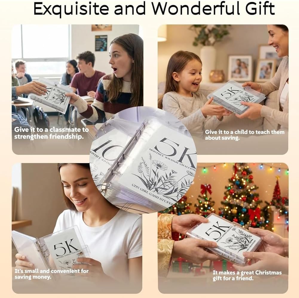 12-Month Envelopes Money Saving Challenge Binder, Budget Binder Savings Challenges Book with Envelopes, Easy and Funny Way to Save 2.5k/5k/10k Dollars, Loose Leaf Savings Book(2.5k+5k+10k)