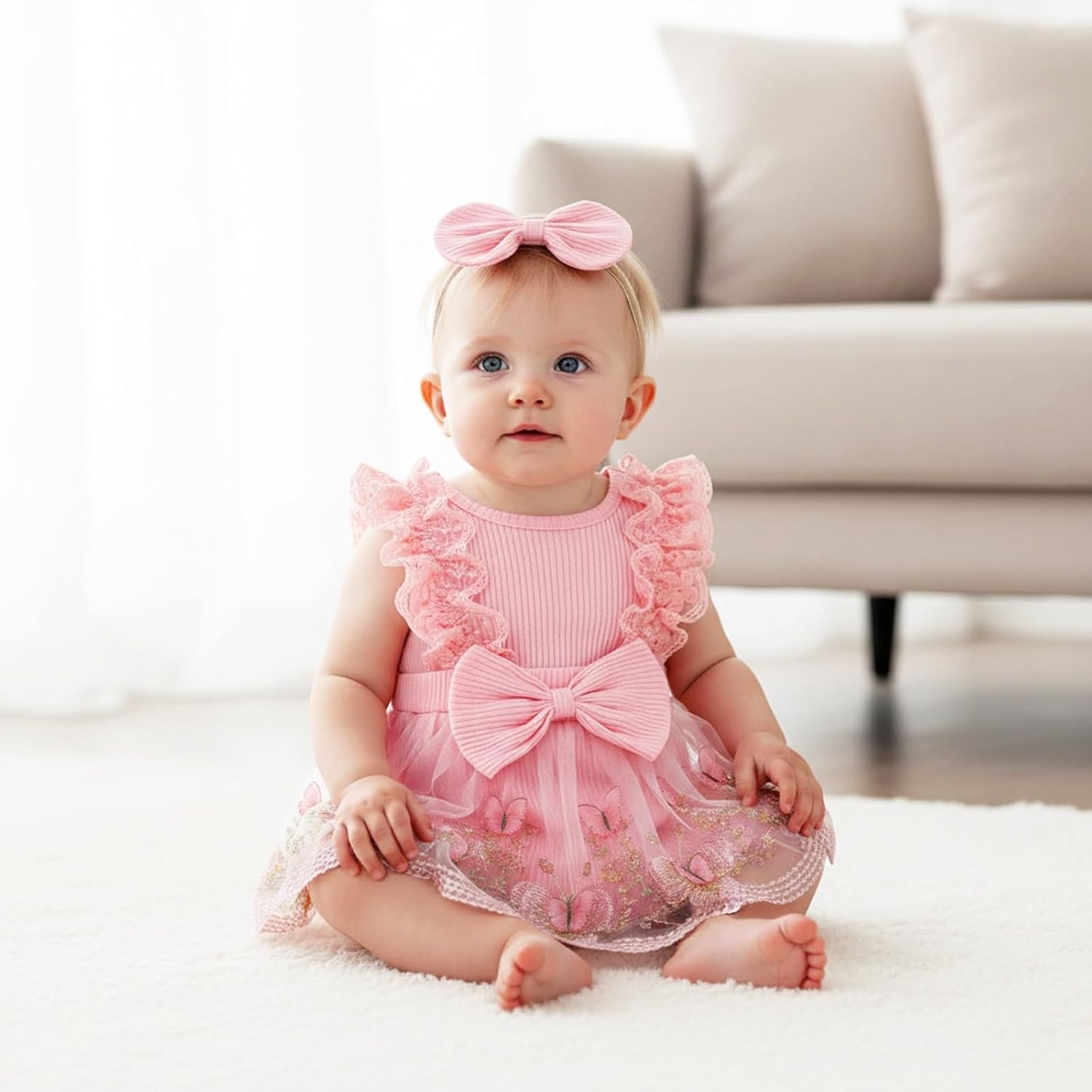 Baby Girl Clothes Infant Summer Outfits Cute Butterflies Mesh Ruffle Sleeveless Romper Headband Set 0-12 Months - Image 3