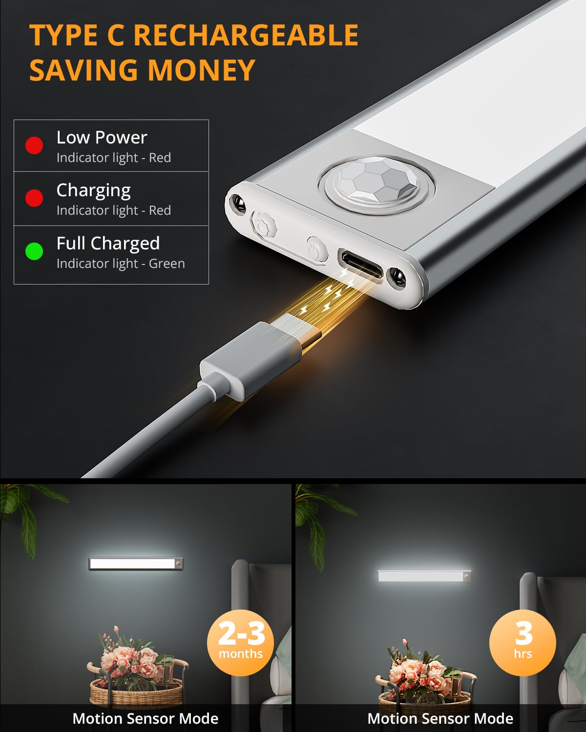 Pack De 4 Lampes LED à Détecteur De Mouvement - Rechargeable USB, 3 Couleurs, Pour Placard/Cuisine/Escalier