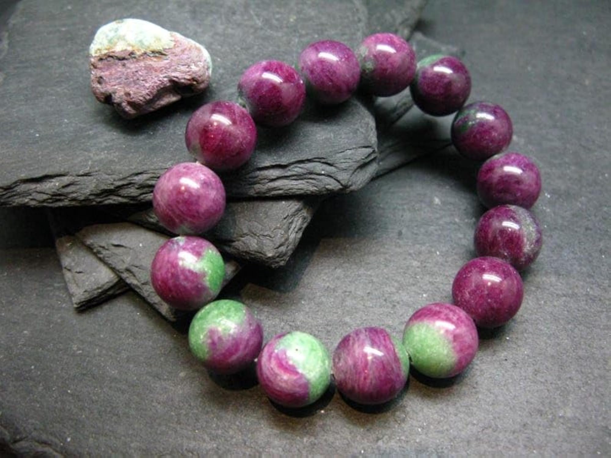 Unisex Natural Ruby in Zoisite 14mm Round Bead Stretchable Bracelet