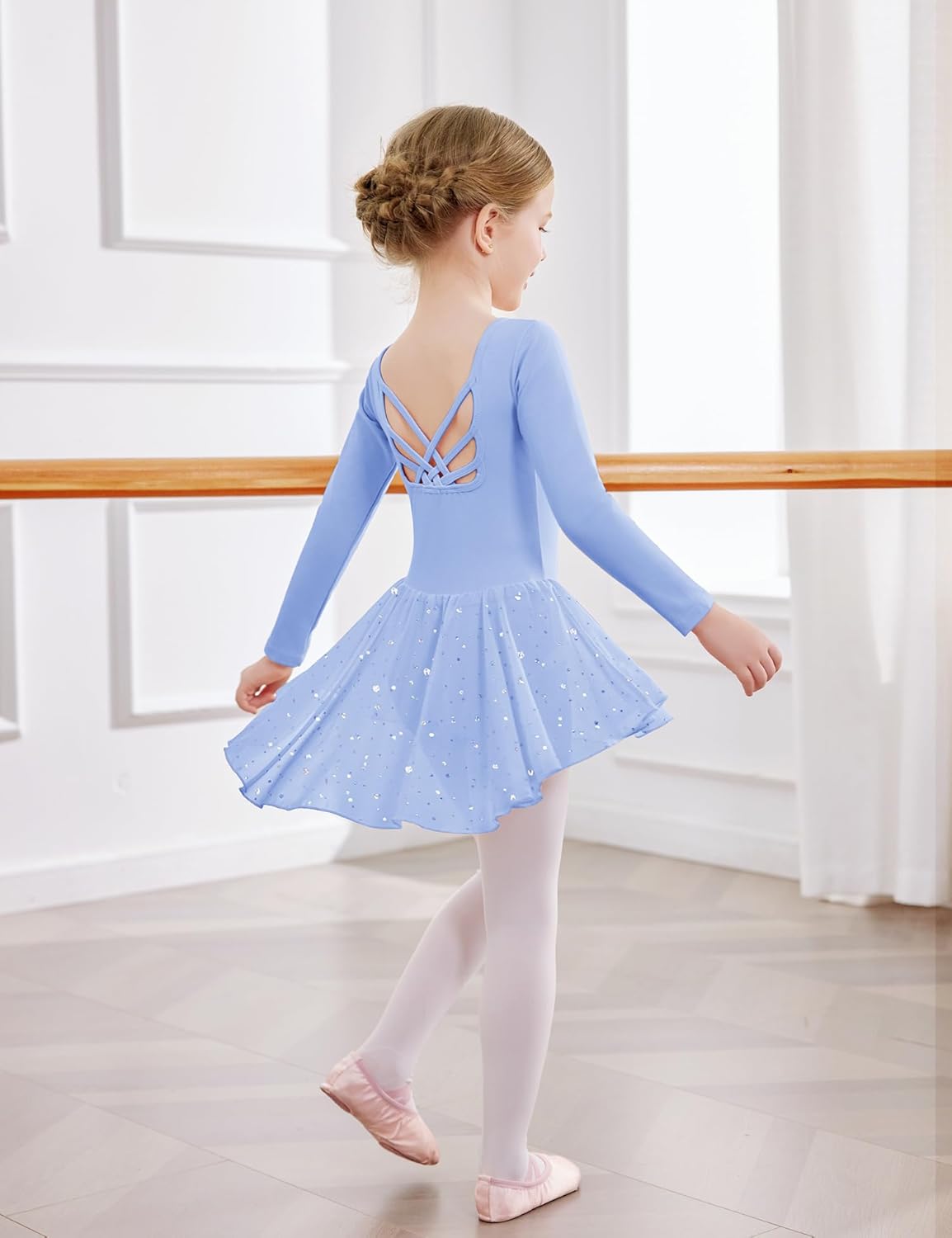 Zaclotre Girls Ballet Leotards with Shinny Skirts Long Sleeve Crisscross Back Dance Dress Outfits - Image 4