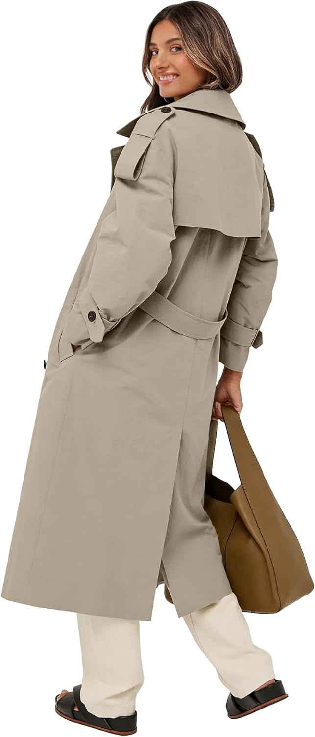 Muchpow Women's Long Trench Coat Double Breasted Lapel Oversized Windproof Overcoat with Belt