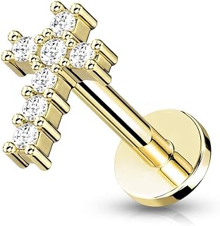 16G Stainless Steel Internally Threaded CZ Crystal Paved Cross Top Flat Back Labret Monroe Lip Cartilage Helix Ear Lobe Stud