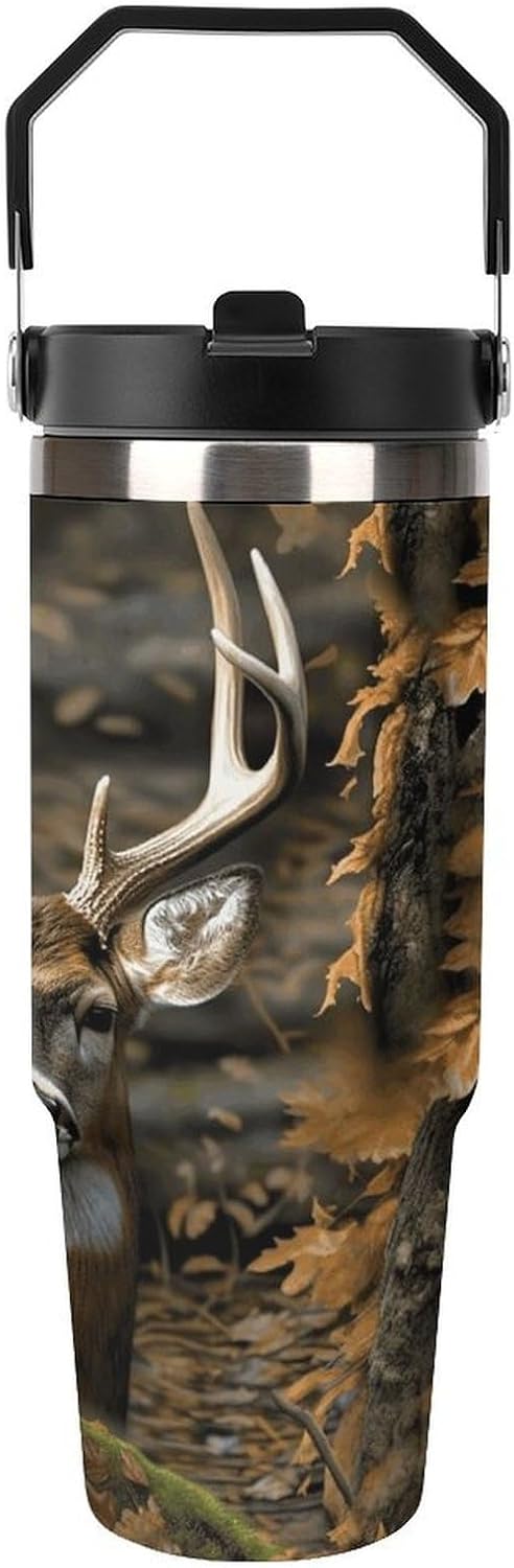 Camouflage Deer Water Bottle 30 Oz Fits Car Cup Holder,Insulated Coffee Mug Large Capacity Car Cups,Stainless Steel Double Wall Sport Bottle for Travel Sports Gym