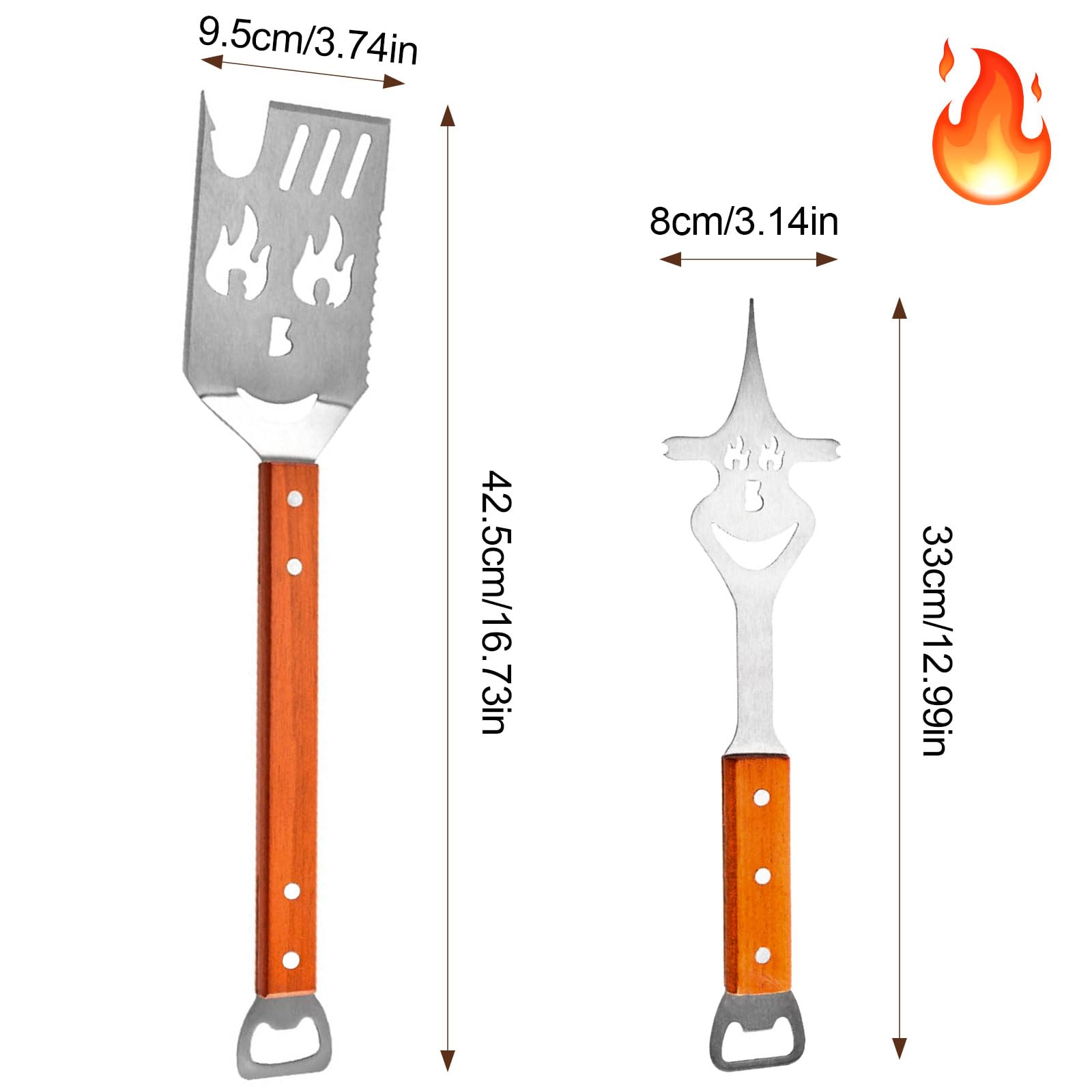 Set Ustensiles Barbecue 8 en 1, Spatule 42 cm et Fourchette 33 cm, Acier Inoxydable, Bois, Décapsuleur
