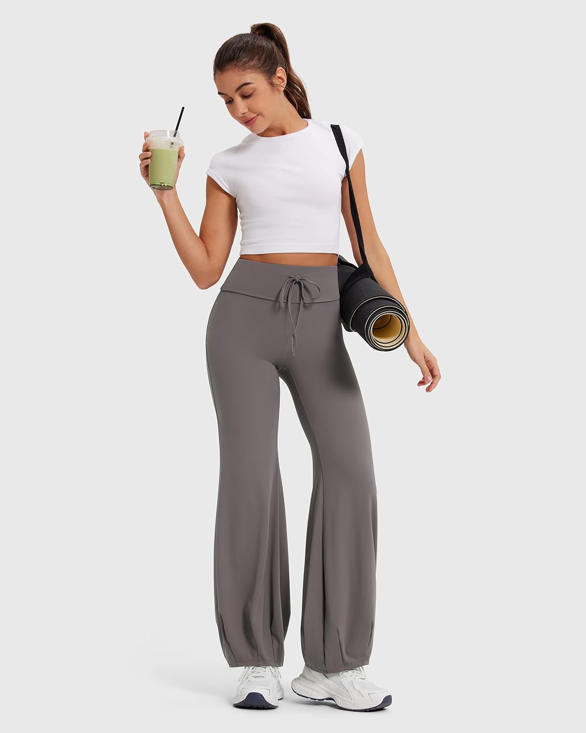 MOOSLOVER Women Bubble Yoga Pants Drawstring Fold Over Flare Leggings Pilates Casual Lounge Pant