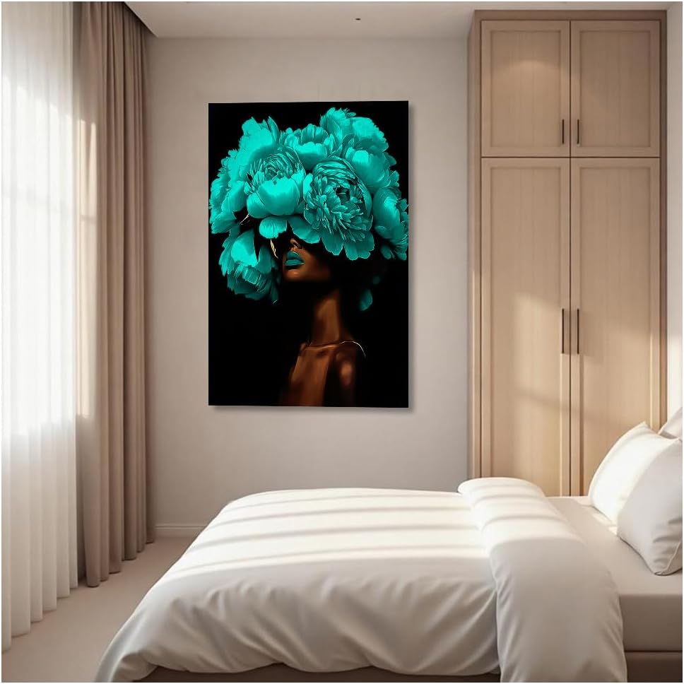 DOARTDO African American Wall Art Woman with Flowers on Head Painting Black and Teal Pictures Black Women Portrait Canvas Prints Bedroom Home Decor Framed (Teal, (12.00" x 18.00")