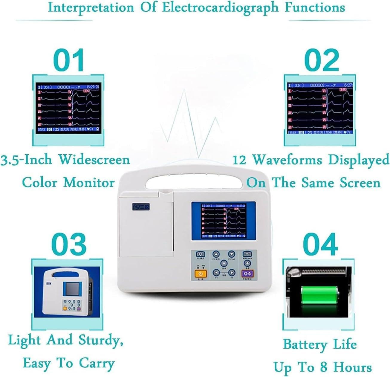 Elettrocardiografo digitale portatile, monitor cardiaco mobile a 12 derivazioni, macchina ECG portatile - con LCD a colori a 3 canali, dispositivo ECG digitale per uso domestico