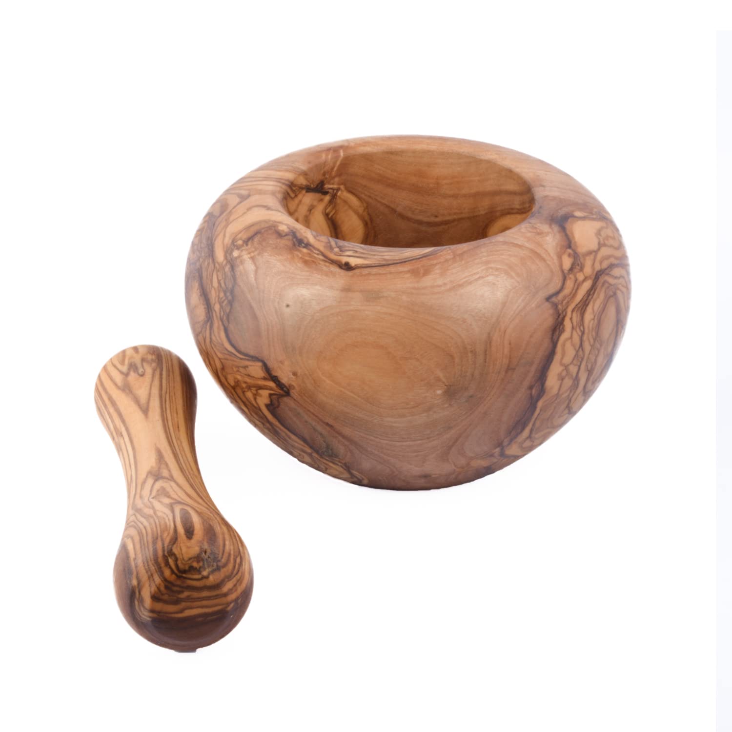 Mörser mit Stößel aus Olivenholz, Kräutermörser, handgefertigt mit Naturrand, Küchenmörser Holzmörser - nachhaltiger Kräuter-, Gewürz-Mörser (Ø 10 CM)