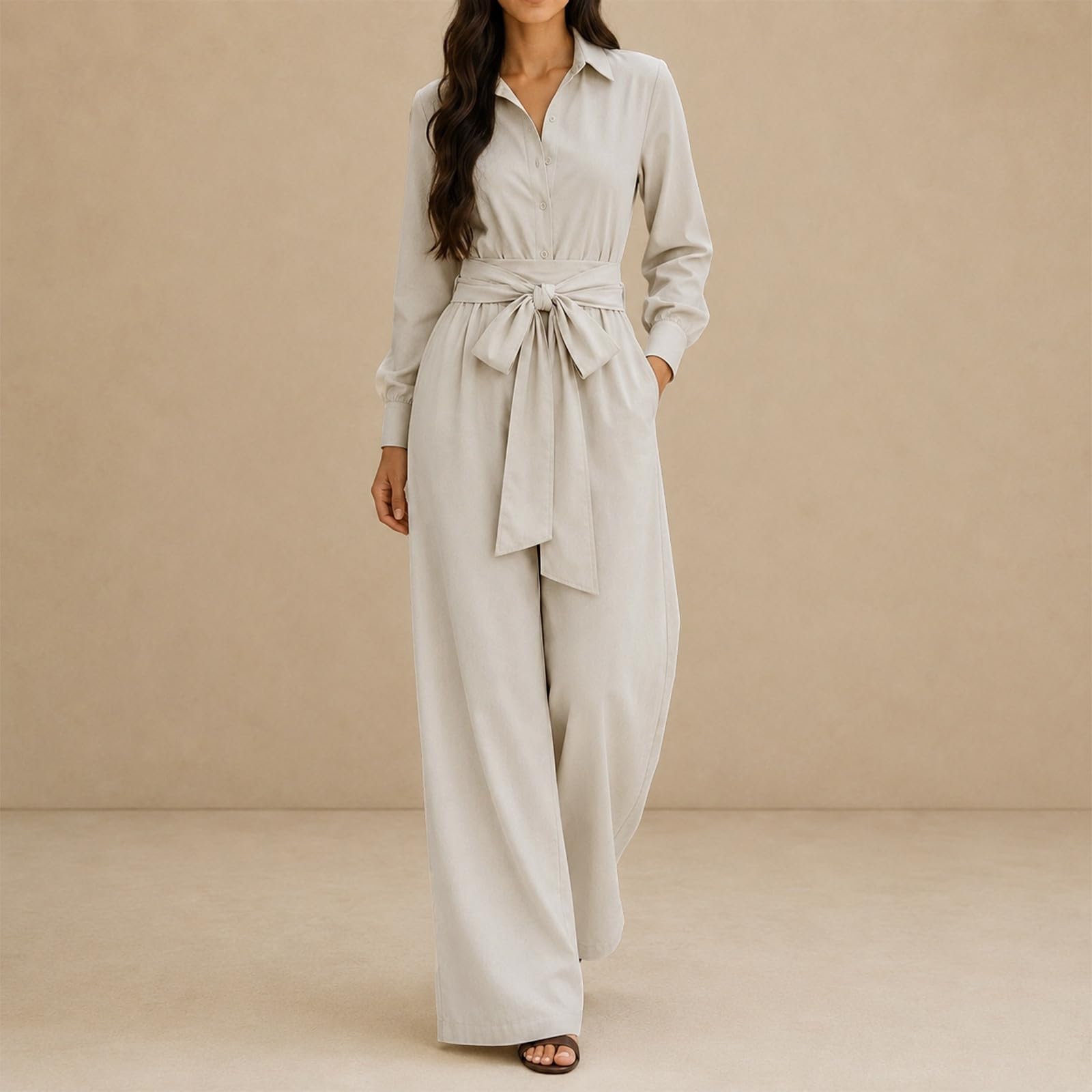 Generisch Tuta da donna a 2 pezzi, elegante, estiva, a maniche lunghe, con camicetta e pantaloni larghi, per jogging, spiaggia, vacanze, sport, streetwear, per il tempo libero