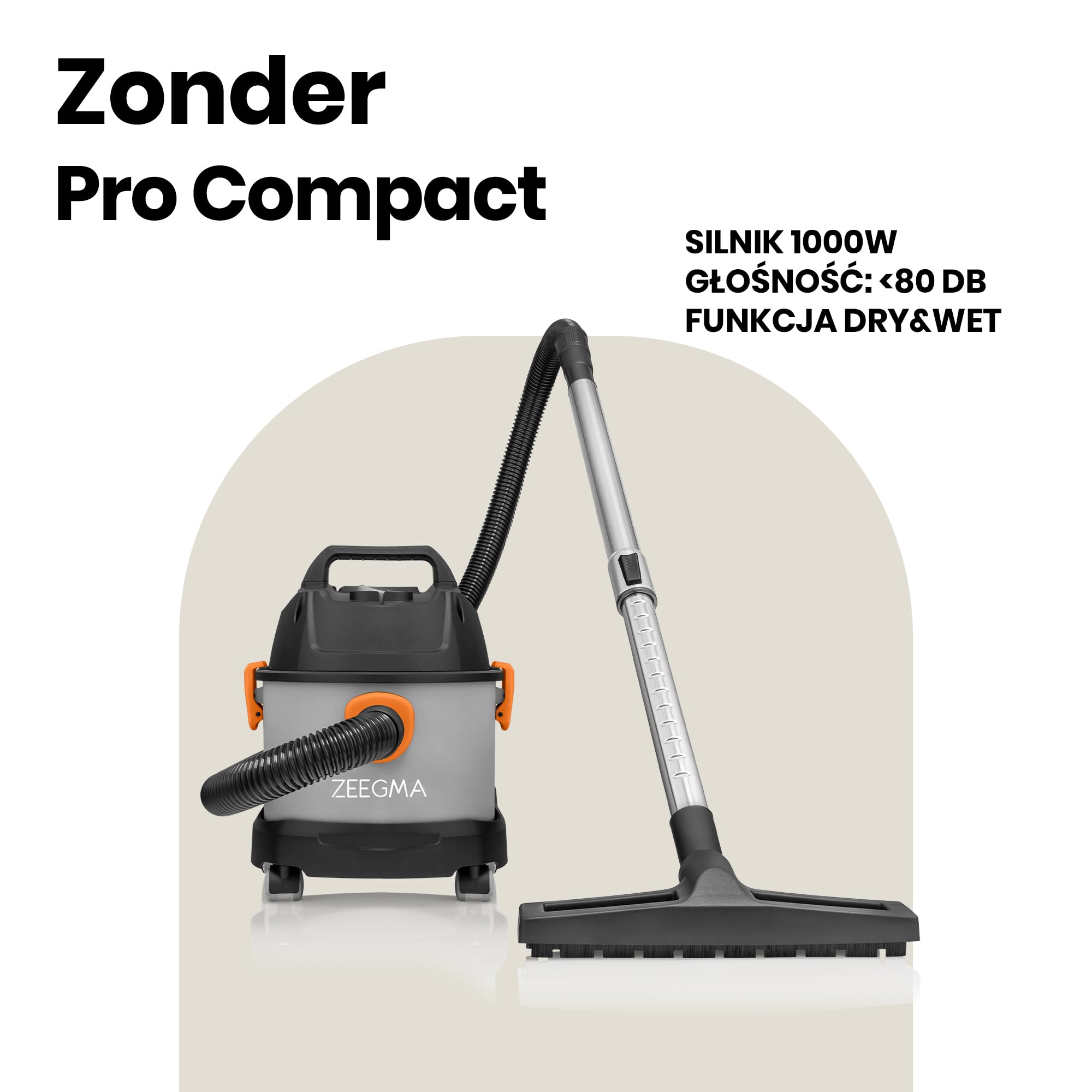 ZEEGMA ZONDER PRO COMPACT Odkurzacz do Pracy na Sucho i Mokro, Kompaktowy Odkurzacz Przemysłowy 1000W, Pojemnik 6 L, Ssawka do Prania Tapicerki i Dywanów, Funkcja Nadmuchu