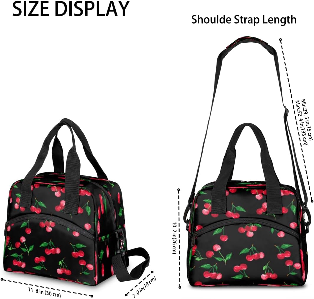 Cherry Pattern Insulated Lunch Bag for Women Men, Reusable Lunch Box Container with Adjustable Shoulder Strap Large Leakproof Thermal Lunch Cooler Bag for Adult Work Picnic Office