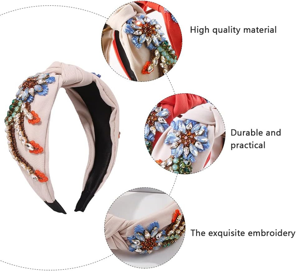 Lurrose Retro Wide Hair Hoop Boho Rhinestone Headband Beige Cloth Crystal Headband Wide Diamond Headdress Hair Accessories for Women Girls Decorative - Image 5