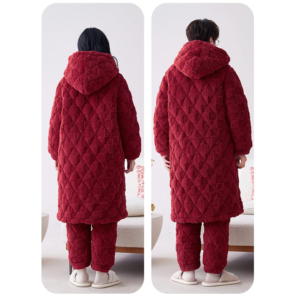 BEDAW Pigiami Spessi in Velluto di Corallo per Coppie, Set di Homewear Caldi, con Pigiama + Veste