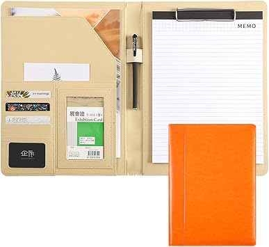 Padfolio A4 Business Portfolio Leather Professional File Document Case with Binder Clipboard Writing Pad Organizer for Men and Women Interview Meeting Color Orange, Size No Calculator