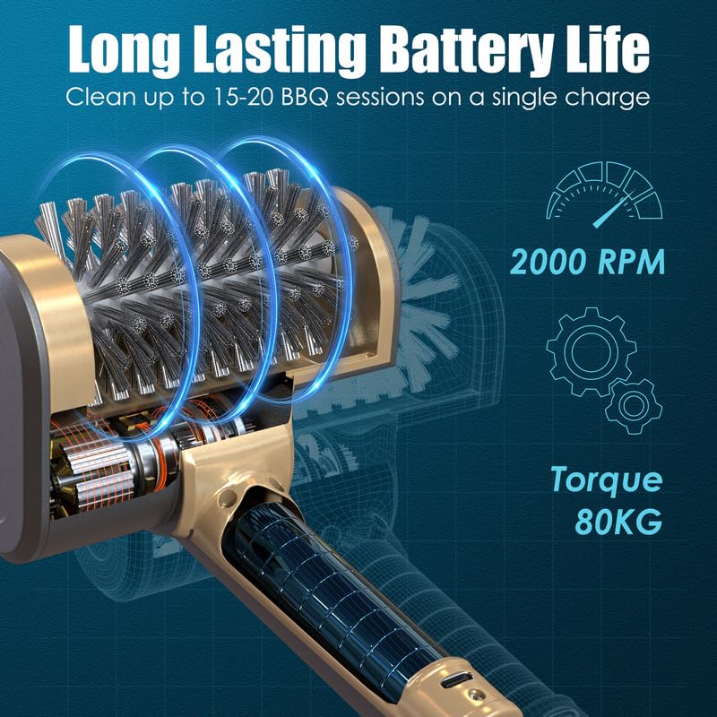 Image of Electric Grill Brush Rechargeable Grill Cleaner 3 Heads 2 Speed 2000 RPM Torque 80KG BBQ Cleaning Brush with Safety Lock Submersible 304 SS Head Splash-Proof Scrubbe IPX7 Waterproof Dark Lime