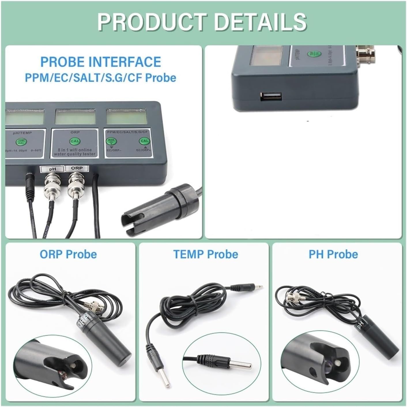 Water Test Meter, Soil PH Meter Aquarium Water Quality WiFi 8 in 1 Smart ORP TDS EC Salt Temp Monitor for Pool Drinking