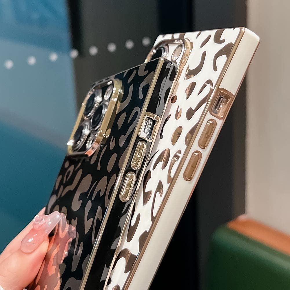 KERZZIL Elegant Compatible with iPhone 16 Pro Max Rectangle Edge Case, Cute Luxury Leopard Pattern Plating Case Camera Protector Soft TPU Shockproof Protective Corner Back Cover(Black) - Image 3
