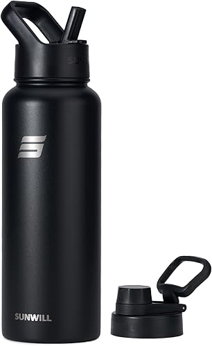 Miniatura 1 de SUNWILL Botella de agua aislada con tapa de popote y bebida, botella de agua metálica de 40 onzas, reutilizable, de acero inoxidable, para gimnasio