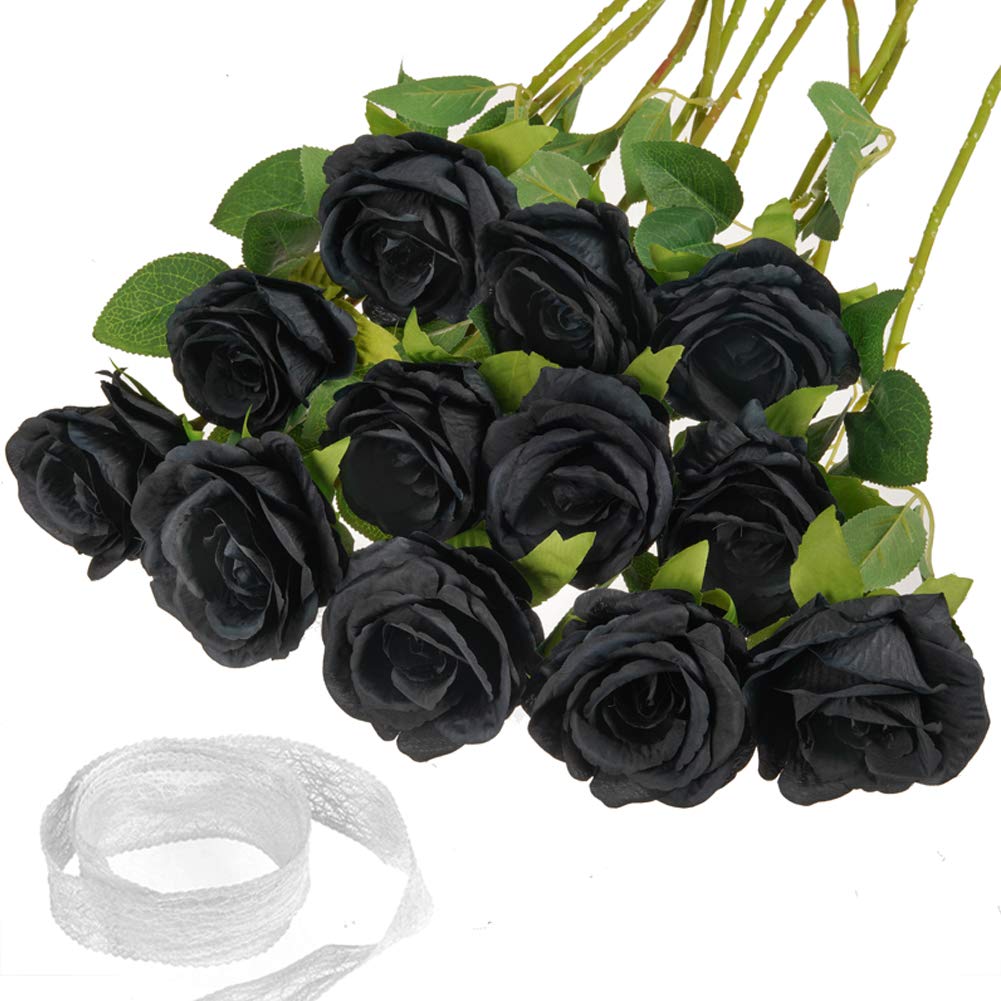 Buy Plobach 12PCS Black Rose Artificial Flowers Silk Roses Single Long