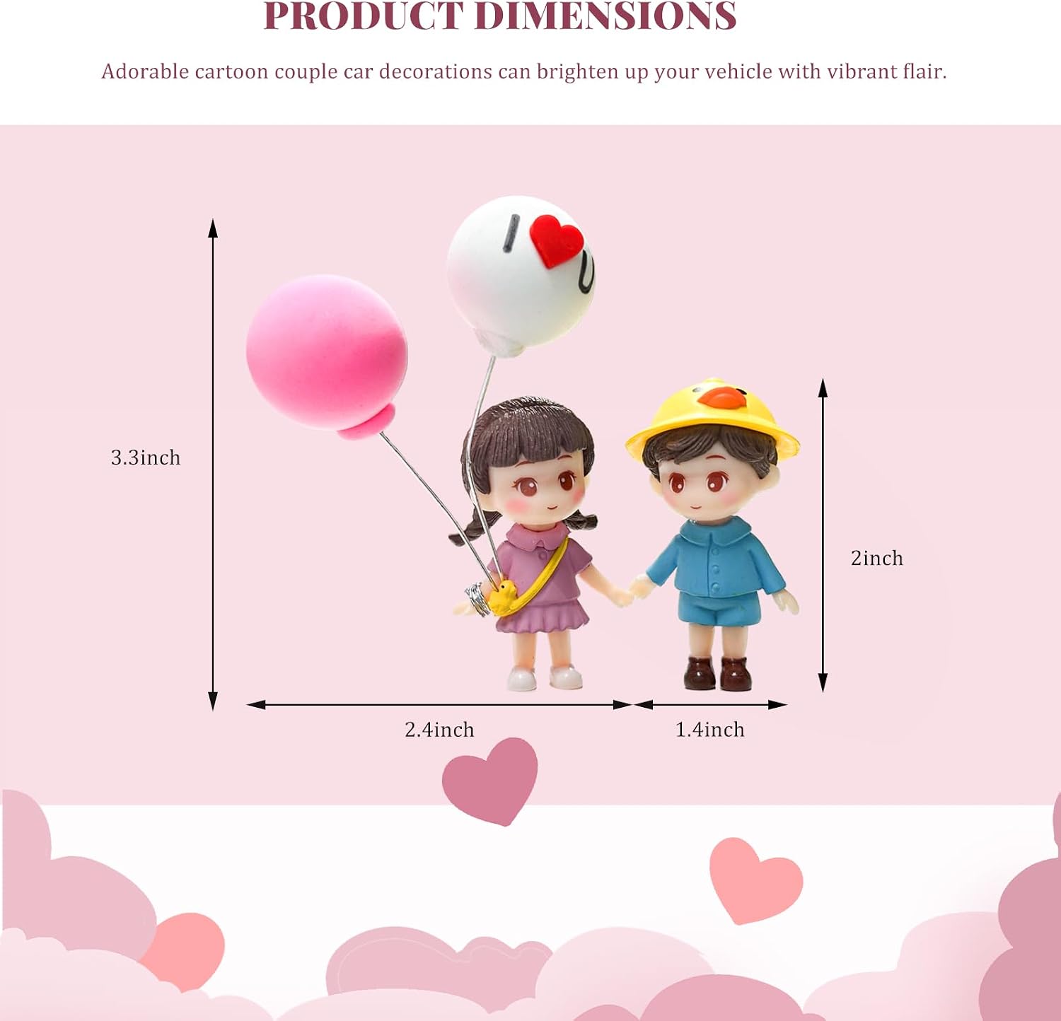 Sun Walker Cute Couple Car Dashboard Decorations, Adorable Lovers Figurine Automotive Ornament with Balloon, Lovely Cartoon Couples Decor Car Dashboard Accessories for Girls Boys (Pink+Blue) image 2