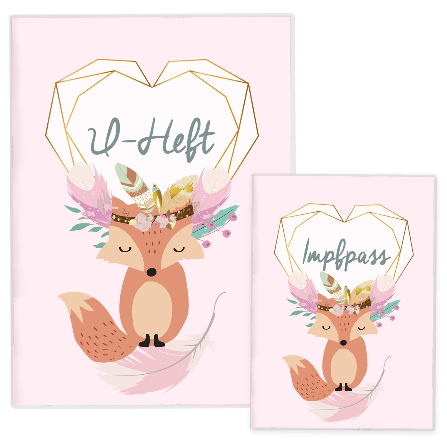 Cozy Racoon U-Heft- und Impfpasshülle | 3- teiliges Set | Hochwertige Hülle für Untersuchungsheft und Impfpass Deines Kindes | Design Boho Fuchs Rosa (ohne Personalisierung)