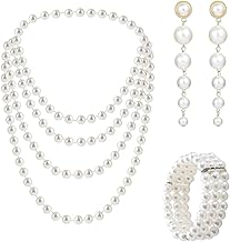 3 Pcs 1920s Faux Pearl Set, Long Pearl Necklaces, 3 Row Stretch Bracelet, Long Dangle Earrings, 1920s Accessories pearl Set for Party Prom Wedding Festival