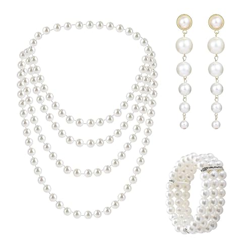 dinghaole 3 Pièces Parure de Bijoux en Perles en Plastique, 1 Collier de Perles Long, 1 Bracelet de Perles et 1 Paire de Boucles d'oreilles, pour Fête, Bal, Mariage, Festival