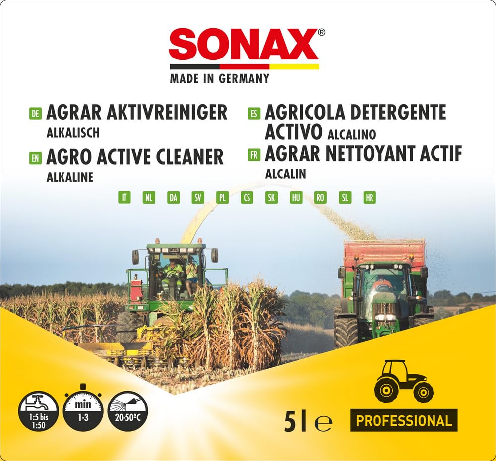 SONAX Detergente alcalino per agricoltura (5 L) pulizia profonda di macchine agricole, formula concentrata, contro lo sporco ostinato | Art. 07265000