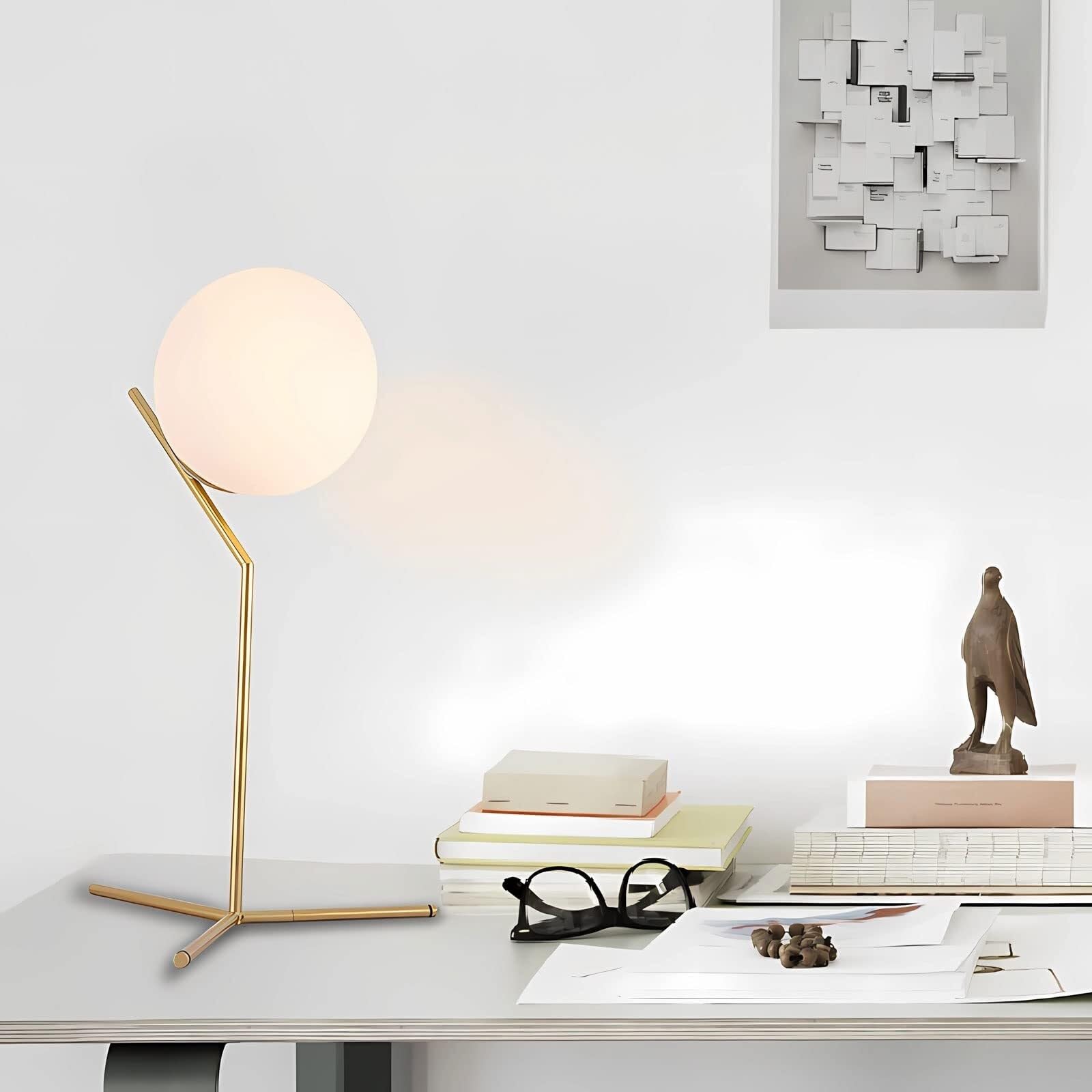 Lampada da Comodino di metà secolo, Lampada da Tavolo a Sfera in Vetro Bianco con Interruttore a Spina, Lampada da scrivania Decorativa for Camera da Letto, Soggiorno, Studio, Ufficio