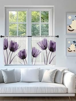 X-ray Image of Purple Tulip Sheer Curtains 45 Inch Long 2 Panels, Spring Summer Flower Botanical Light Filtering Window Sheer Curtains, Rod Pocket Voile Drapes for Living Room Bedroom, 52x45