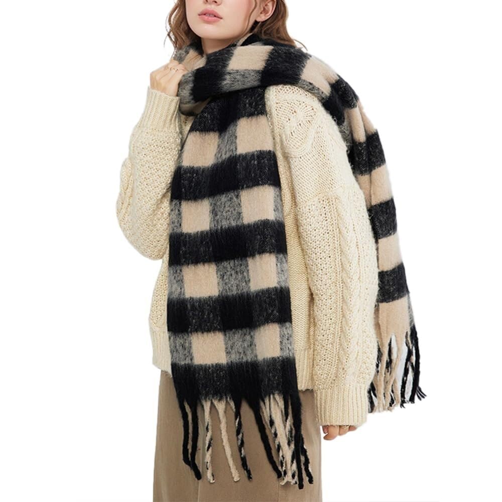 Barley Direct Women's Black Plaid Large Chunky Scarf Oversized Fluffy Scarves Blanket Big Wool Thick Winter Warm(Black Plaid)