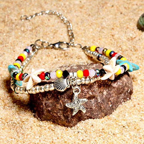 Image of Softones Blue Starfish Turtle Anklet Multilayer Charm Beads Sea Handmade Boho Anklet Foot Jewelry for Women