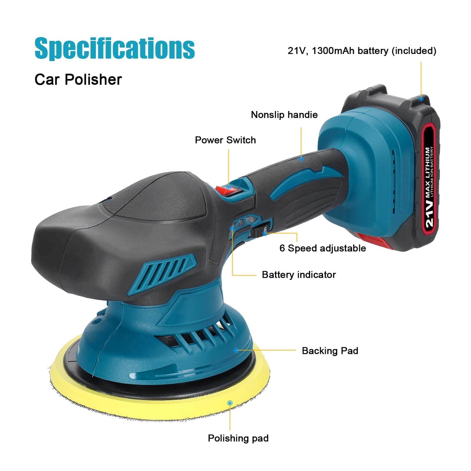 Lucidatrice for auto senza fili, 6 velocità, lucidatrice elettrica for, pulizia domestica, ceratura for metalli, levigatura del legno, rimozione della ruggine