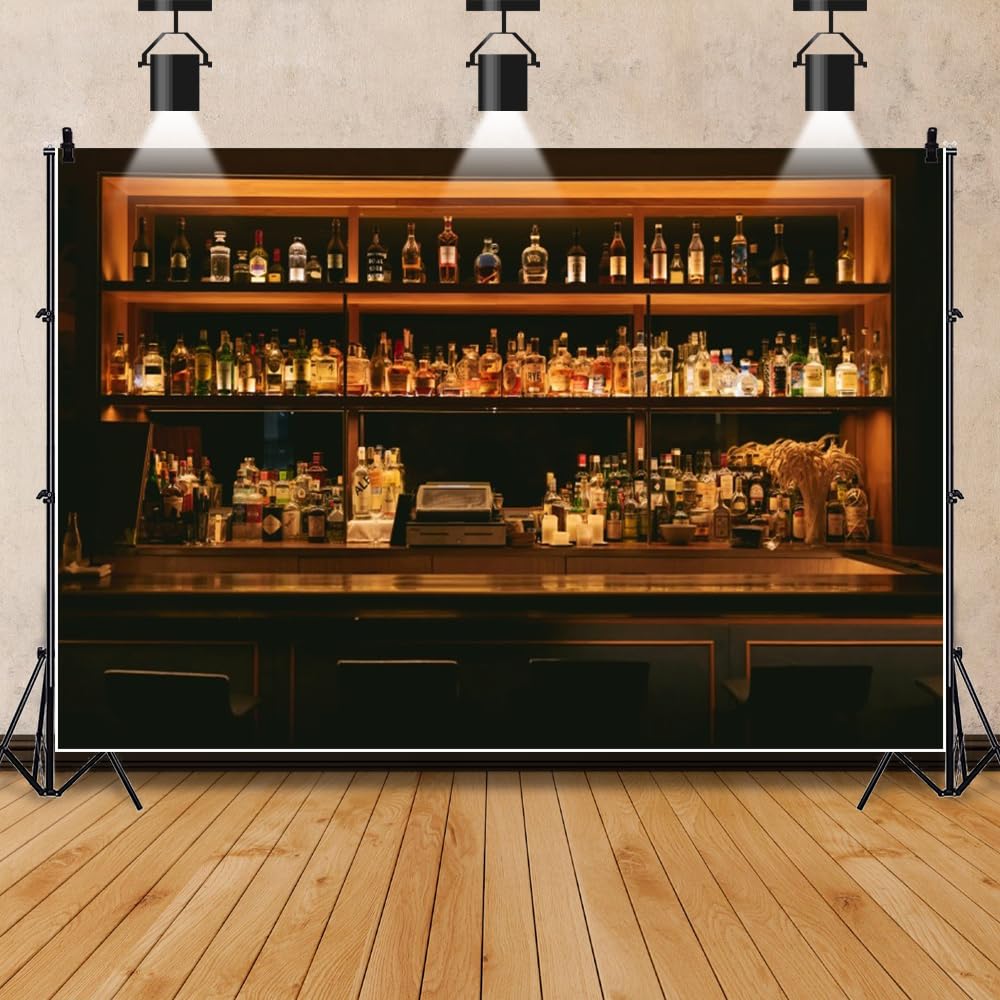 CORFOTO 5x3ft Fabric Vintage Lighting Bar Scene Backdrop Retro Wine Shelf Whisky Dinks Alcohol Cafe Pub Bokeh Bar Photography Backdrop For Men Women Evening Party Supplies Artistic Photo Studio