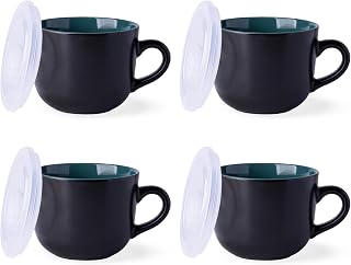 GBHOME Ceramic Soup Mugs with Lid, 24 oz Soup Cups with Hanlde for Coffee,Cereal,Salad,Noodles,Tea,Soup Bowls Cups,Microwave &Dishwasher Safe, Set of 4, Green with Vented lid