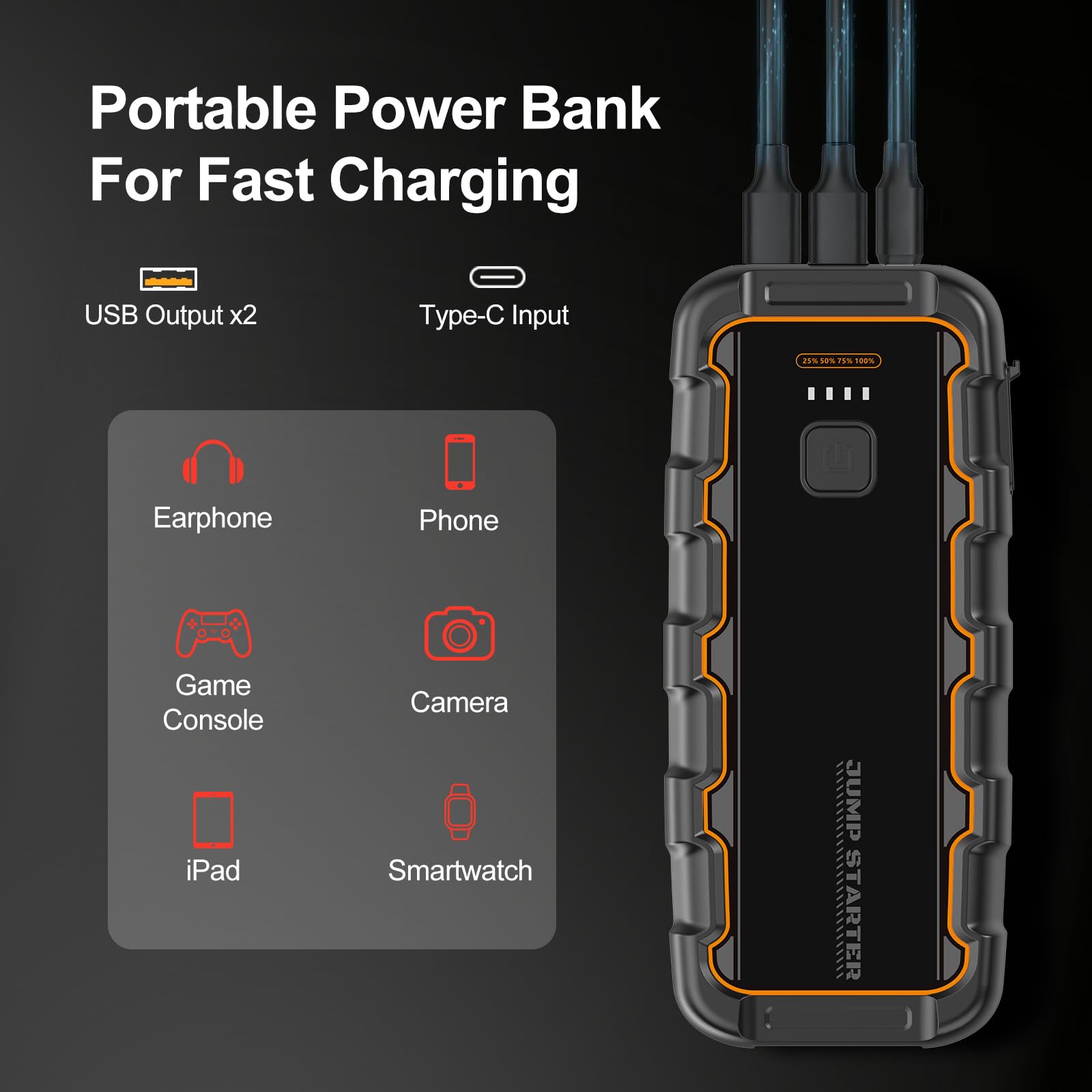 Arrancador de Batería de Coche 7000A, para Gas 8.0L/Diésel 6.0L, 12V Arrancador de Coche Portátil con Carga Rápida USB y Pinzas para Batería, Funciona en Frío Extremo, para Auto, Moto, Bote, Camping