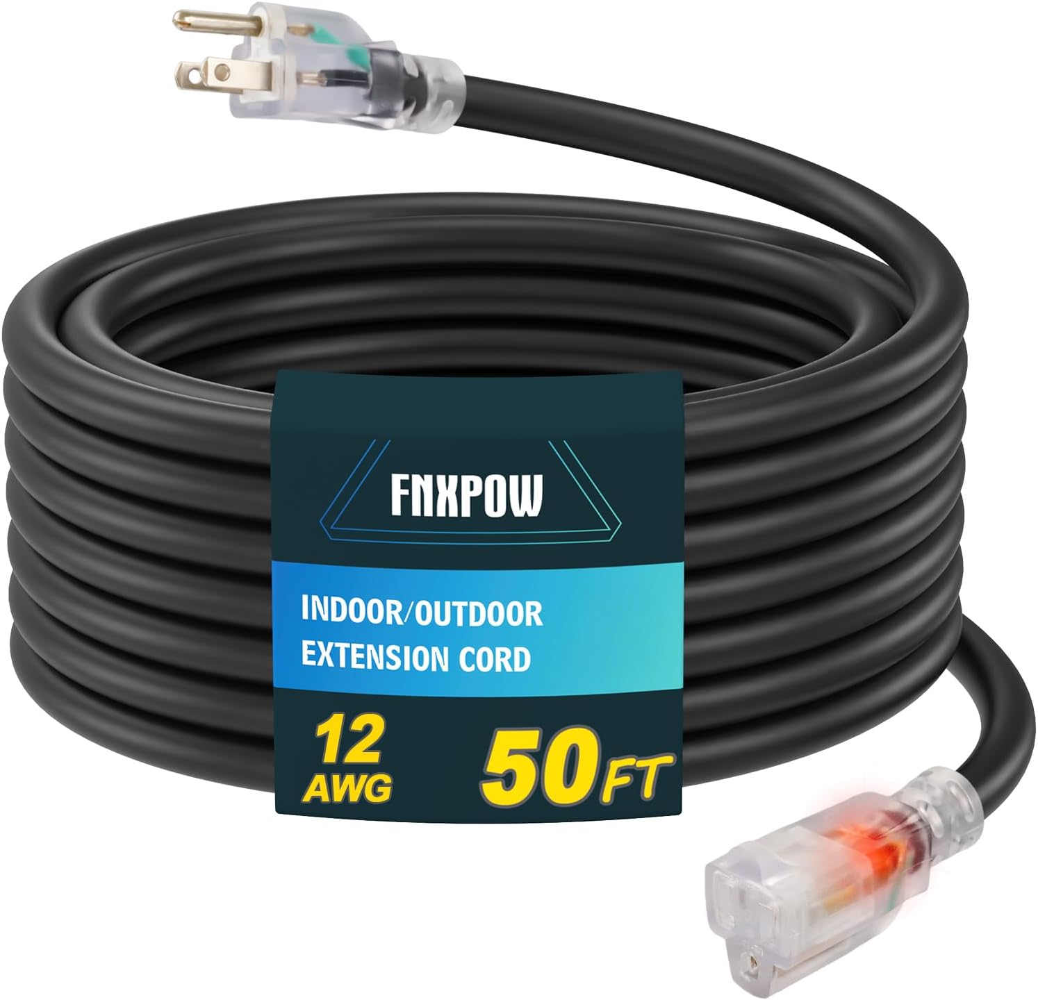 Indoor Outdoor Extension Cord, 12 Gauge 3 Prong Weatherproof Heavy Duty Black Extension Cord with Lighted Indicator End, SJTW 15A 50FT Extension Cable for Garage, Garden and Home, UL Listed